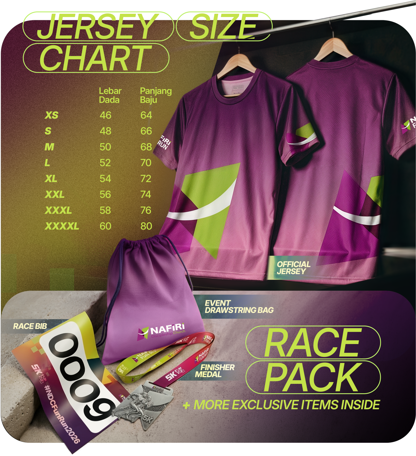 NDC Fun Run race pack — jersey, BIB, goodie bag, finisher medal